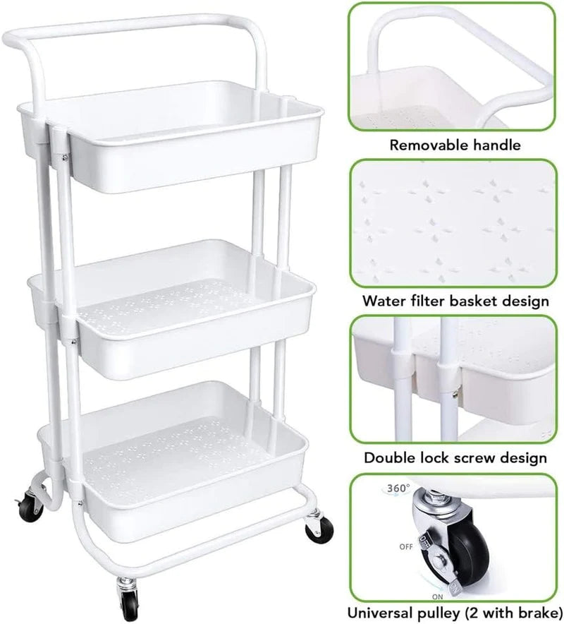 3-Tier Trolley Cart Organizer - Stackable Basket Rack for Kitchen and Pantry Storage
