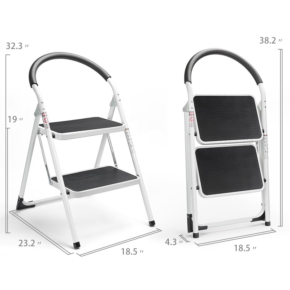 2 Step Ladder Folding Step Stool Steel Stepladders with Handgrip Anti-slip Sturdy and Wide Pedal Steel Ladder 330lbs White and Black Combo 2-Feet