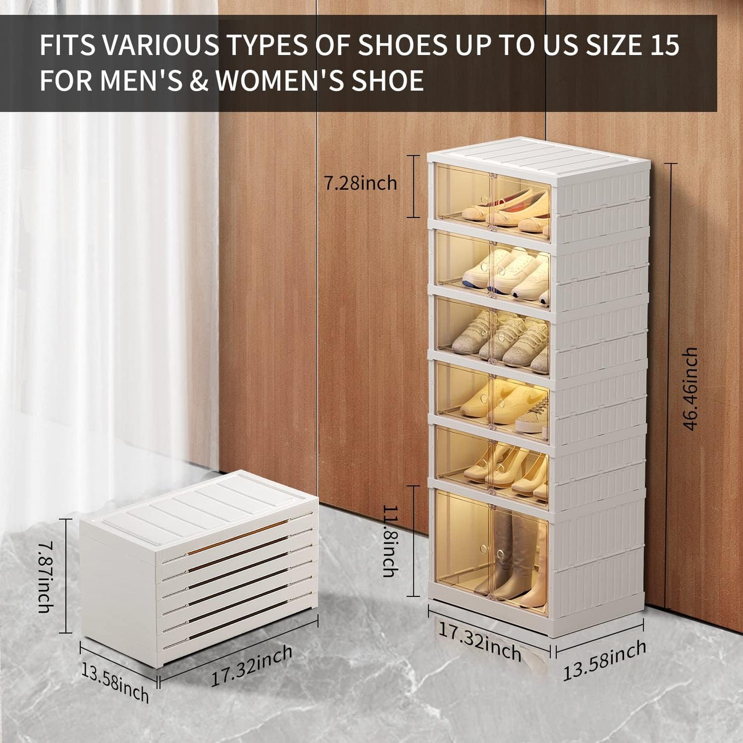 6-Tier Foldable Shoe Rack Organizer for Closet 12Pairs Plastic Shoe Shelf Collapsible Shoes Storage Box Clear Shoe Boxes Stackable with Door Easy Assembly Shoe Cabinet with Lids Large