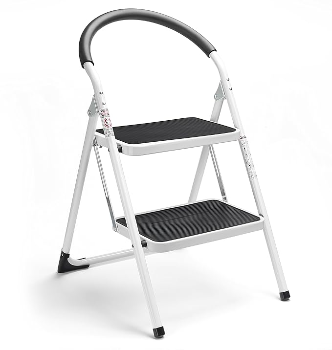 2 Step Ladder Folding Step Stool Steel Stepladders with Handgrip Anti-slip Sturdy and Wide Pedal Steel Ladder 330lbs White and Black Combo 2-Feet