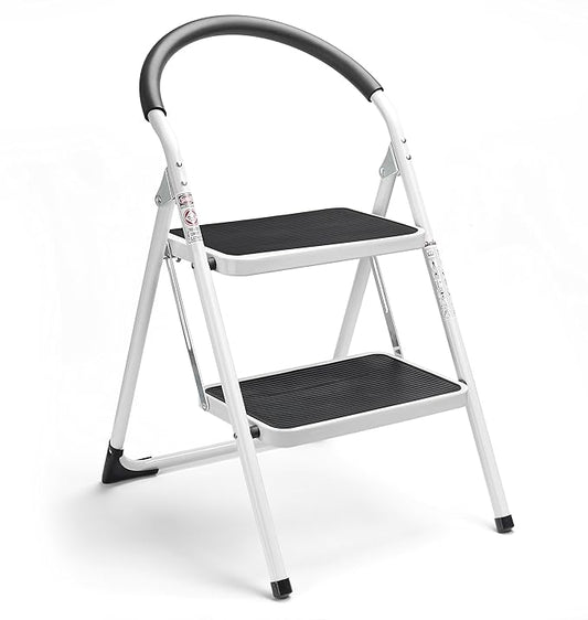 2 Step Ladder Folding Step Stool Steel Stepladders with Handgrip Anti-slip Sturdy and Wide Pedal Steel Ladder 330lbs White and Black Combo 2-Feet