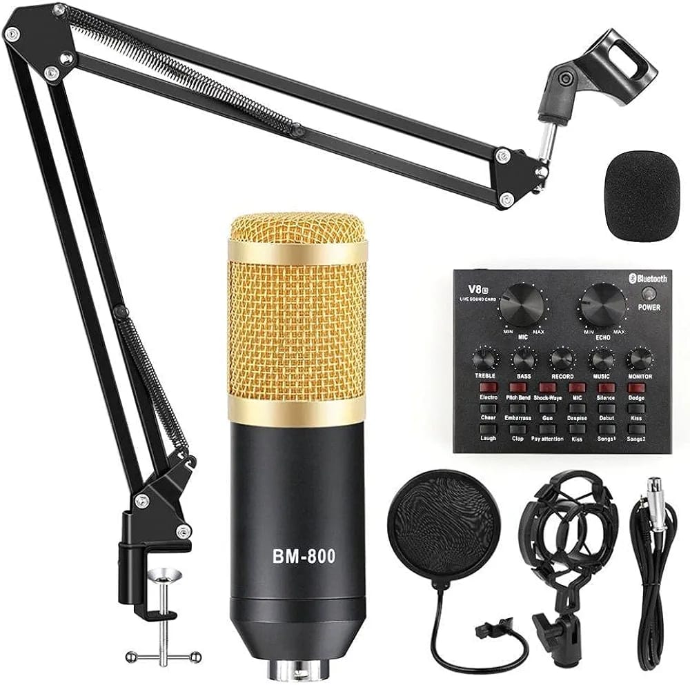 Condenser Microphone Kit with Live V8 Sound Card Audio Mixer Pro Audio Studio Recording and Broadcasting - Black