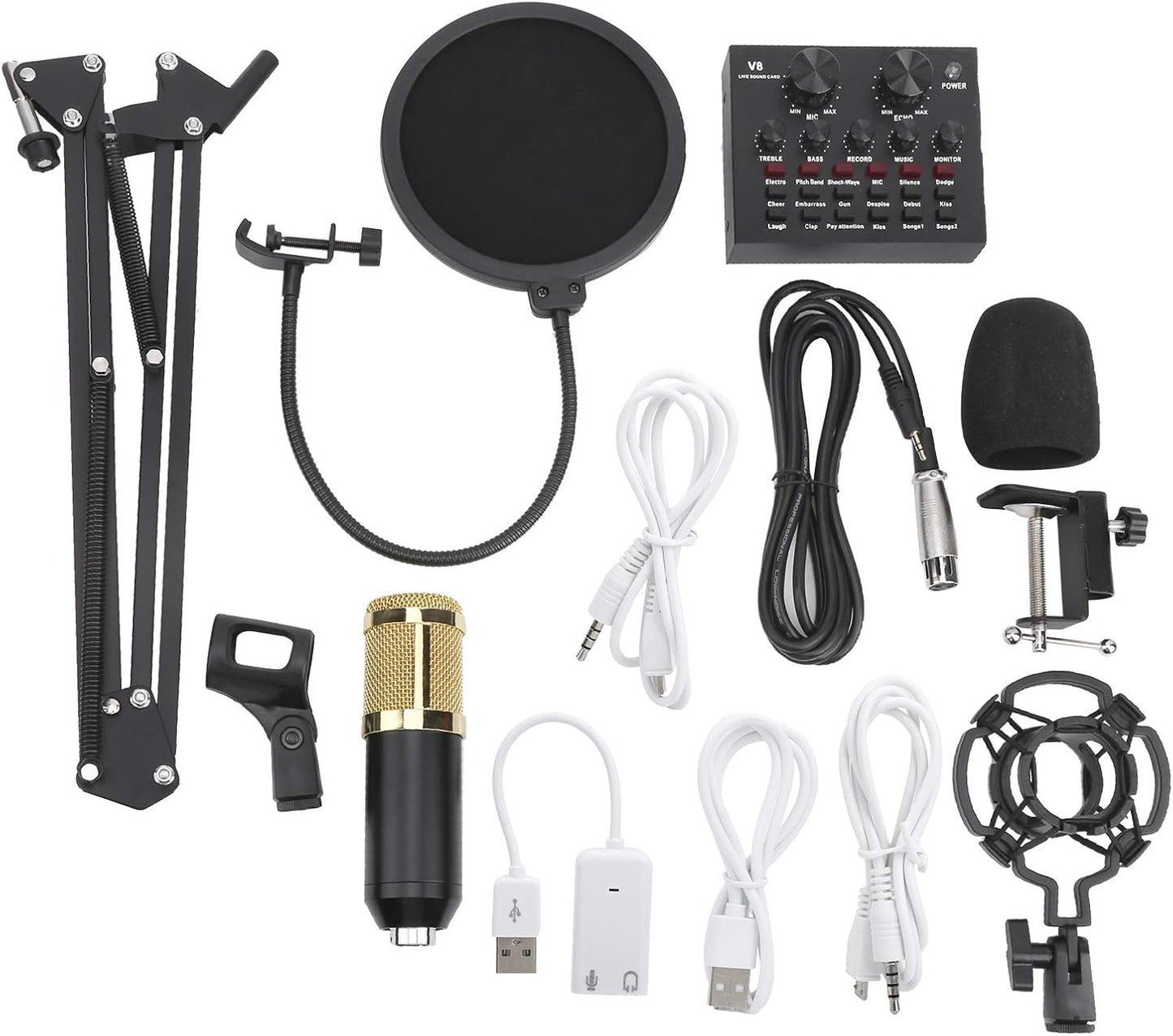 Condenser Microphone Kit with Live V8 Sound Card Audio Mixer Pro Audio Studio Recording and Broadcasting - Black