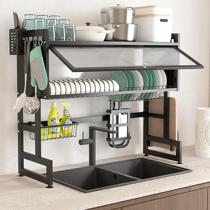 VBM 2 Tier Over Sink (65 Cm) Dish Drying Rack with Cabinet Door, Large Bowl and Dish Drainer for Multifunctional Storage Kitchen Counter Organization Sink Dish Rack Display