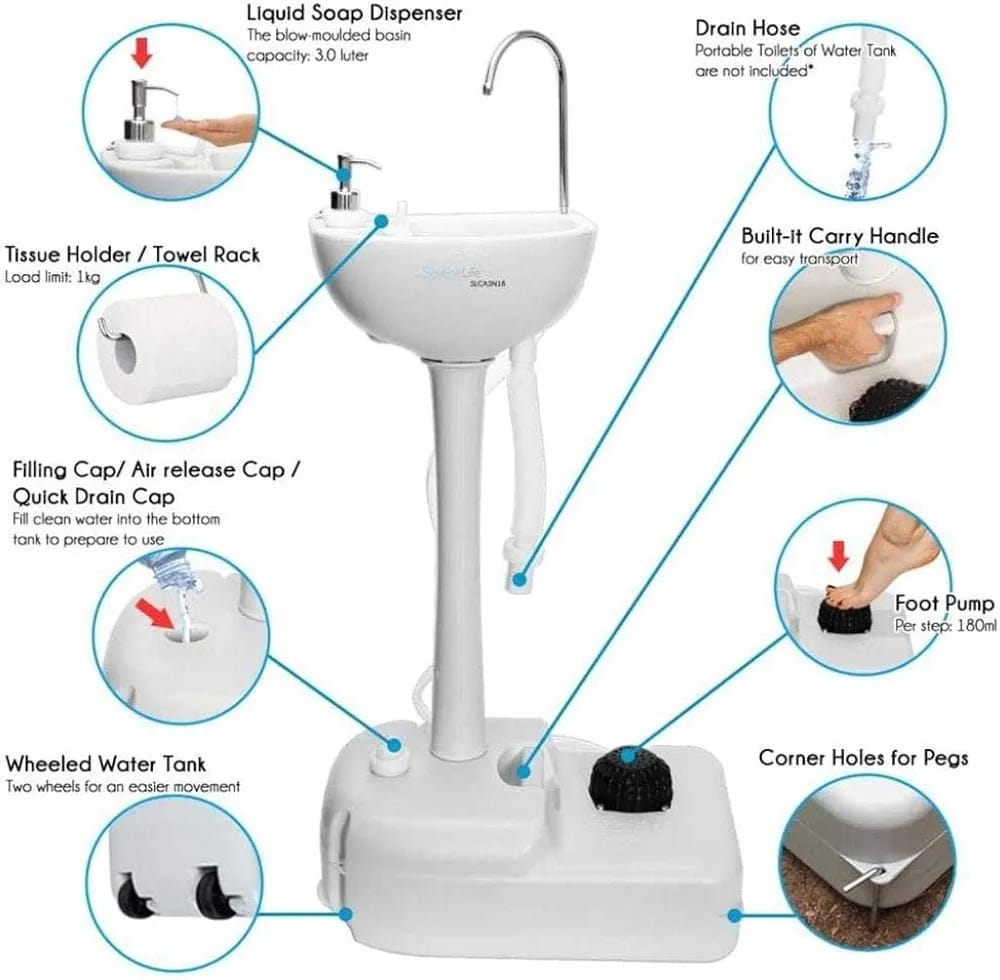 Portable Foot Pump Camping Sink, Hand Wash Basin for Insulating Sink and Water Tank, Recyclable with Flexible Drain Hose, for Garden Parties and Picnics