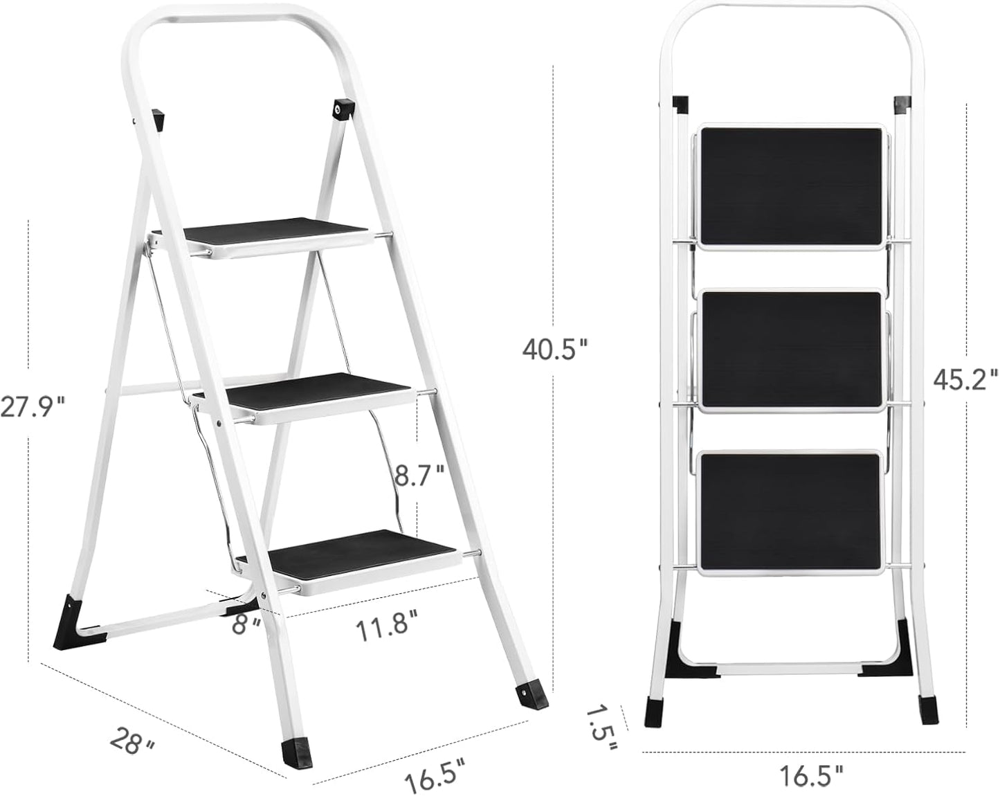 3 Step Ladder Folding Step Stool Ladder with Handgrip Anti-Slip Sturdy and Wide Pedal Multi-Use for Household and Office Portable Step Stool Steel 300lbs White (3 Feet)