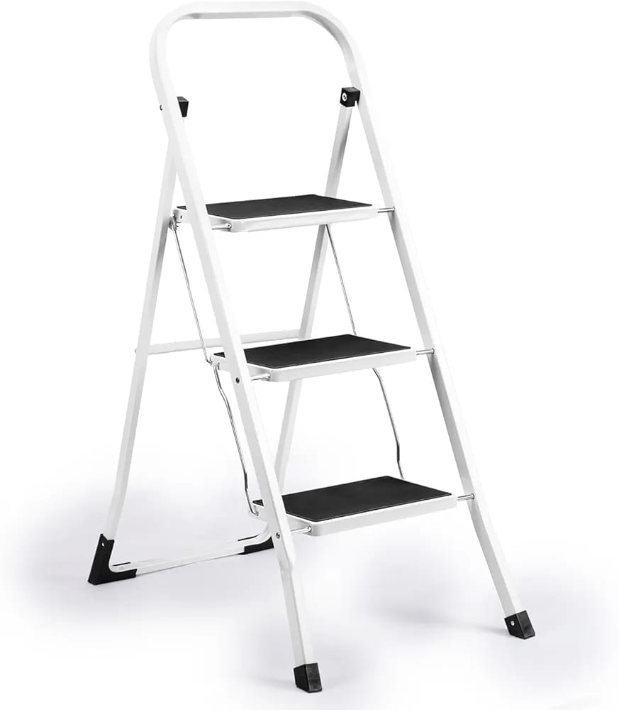 3 Step Ladder Folding Step Stool Ladder with Handgrip Anti-Slip Sturdy and Wide Pedal Multi-Use for Household and Office Portable Step Stool Steel 300lbs White (3 Feet)