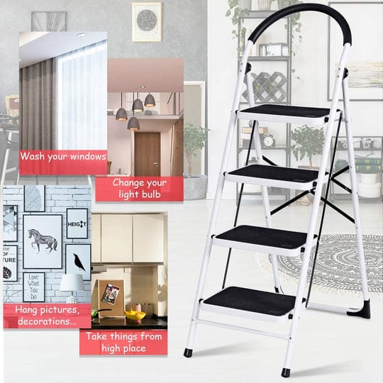 4 Step Ladder – Folding Step Ladder, Portable With Anti-Slip Mat & Comfortable Soft Handgrip, Heavy Duty Steel Step Ladder - Easy to Store Step Ladders, 150KG Max Capacity