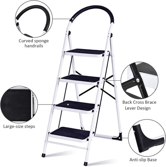 4 Step Ladder – Folding Step Ladder, Portable With Anti-Slip Mat & Comfortable Soft Handgrip, Heavy Duty Steel Step Ladder - Easy to Store Step Ladders, 150KG Max Capacity