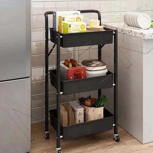 3-Tier Rolling Cart, Foldable Mobile Storage Organizer with Caster Wheels, Lightweight Multi-Purpose Metal Utility Cart for Office, Kitchen, Bathroom, Bedroom (Black)