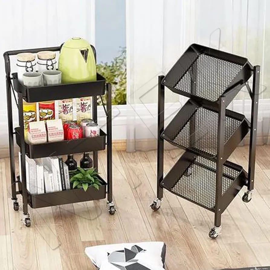 3-Tier Rolling Cart, Foldable Mobile Storage Organizer with Caster Wheels, Lightweight Multi-Purpose Metal Utility Cart for Office, Kitchen, Bathroom, Bedroom (Black)