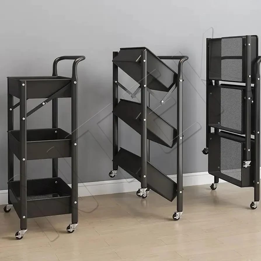 3-Tier Rolling Cart, Foldable Mobile Storage Organizer with Caster Wheels, Lightweight Multi-Purpose Metal Utility Cart for Office, Kitchen, Bathroom, Bedroom (Black)