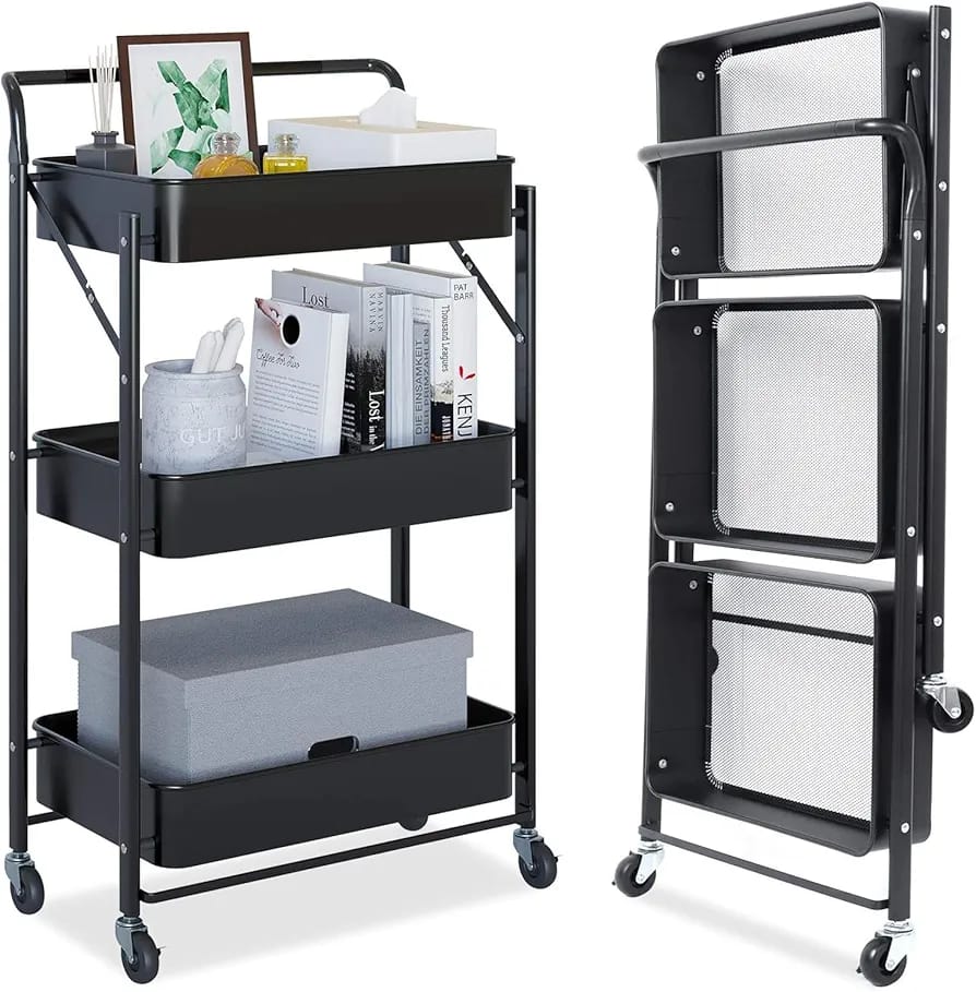 3-Tier Rolling Cart, Foldable Mobile Storage Organizer with Caster Wheels, Lightweight Multi-Purpose Metal Utility Cart for Office, Kitchen, Bathroom, Bedroom (Black)