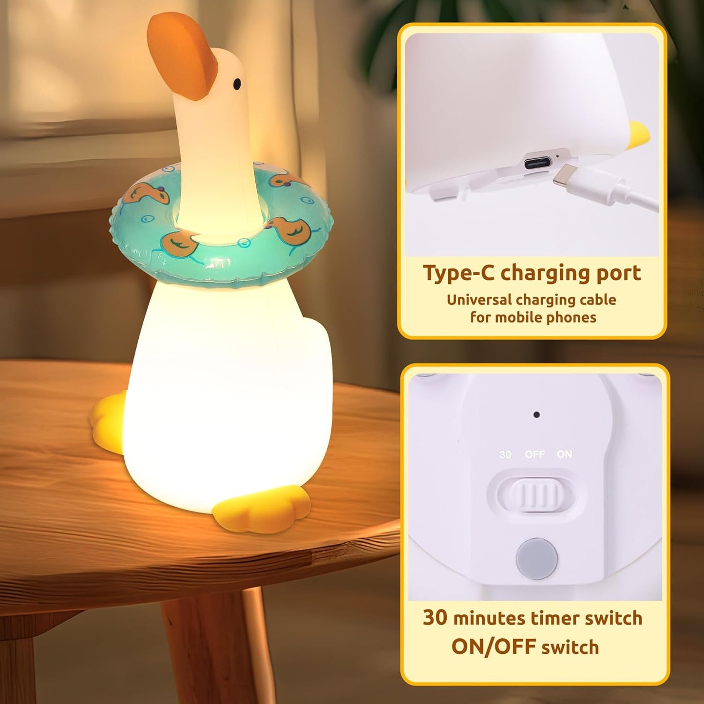 Duck Night Light for Kids, Rechargeable Duck Bedside Lamp with Mini Red Scarf 3 Level Dimmable Cordless Duck Light Living Room Home Decor Xmas Birthday Girl Boys Gift [Energy Class G]