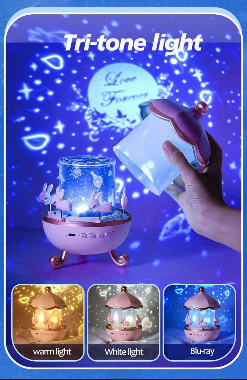 Bunny's Carousel Night Light Projector for Kids Room, Rabbits 6 Film, Baby Night Light Projector, USB Cable,360 Rotating