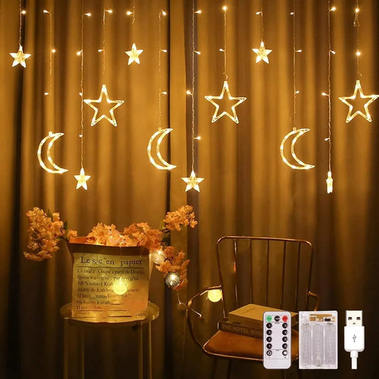 Fairy Lights Battery Operated Decorative Lights Star Moon Curtain String Lights for Windows Bedroom