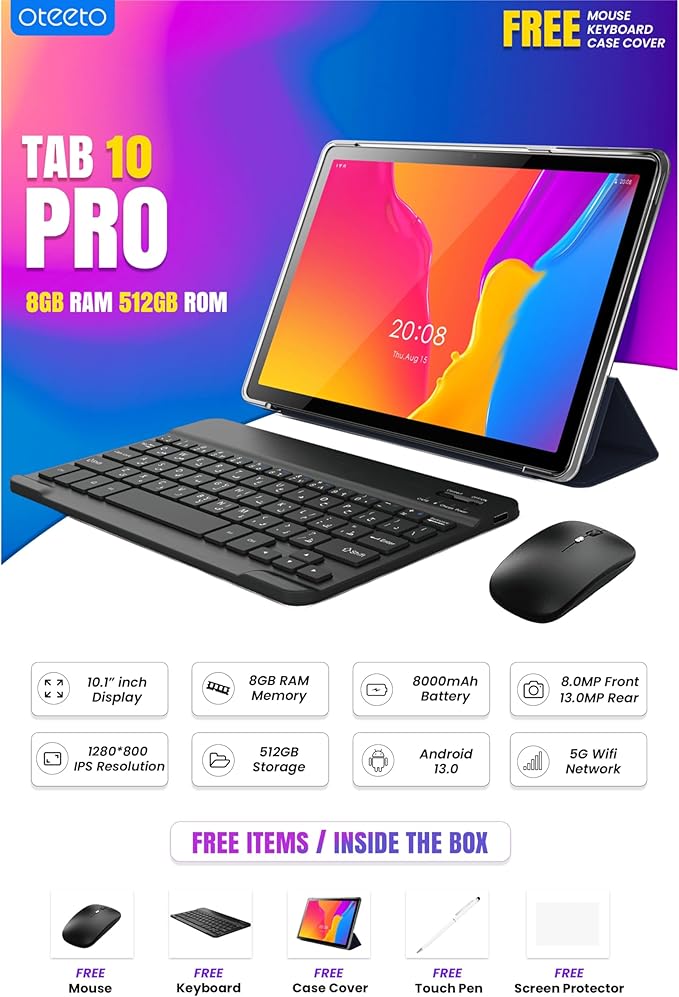 Oteeto TAB 10 Pro, Single SIM 5G Network, 8GB RAM + 512GBG ROM, Wifi, 8000 mAh, 8MP Front + 13MP Rear Camera, Includes Keyboard,Mouse,Touch Pen,OTG,Flip Cover, Gray