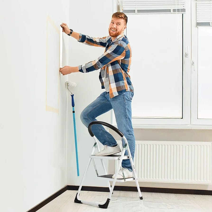 2 Step Ladder Folding Step Stool Steel Stepladders with Handgrip Anti-slip Sturdy and Wide Pedal Steel Ladder 330lbs White and Black Combo 2-Feet