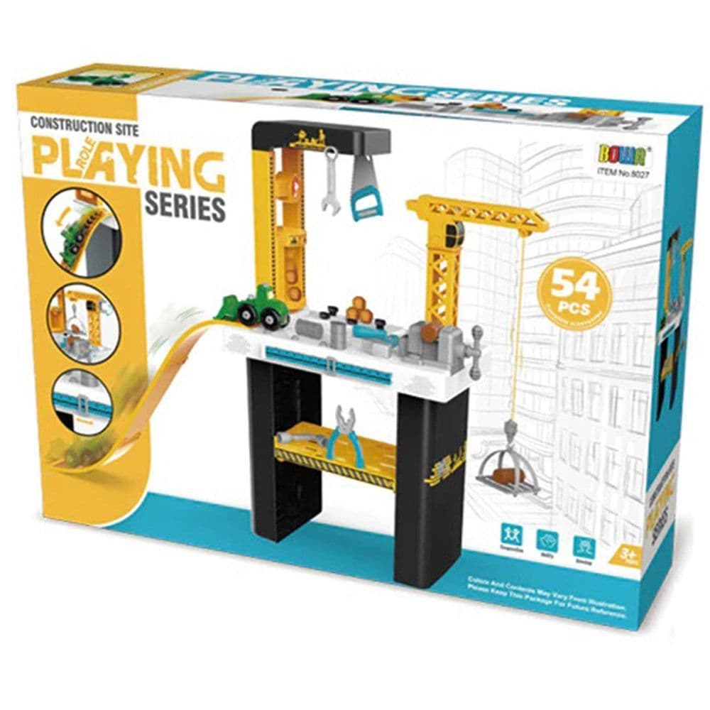 Construction site toy workbench with vehicle plus play tools & accessories 54pc set