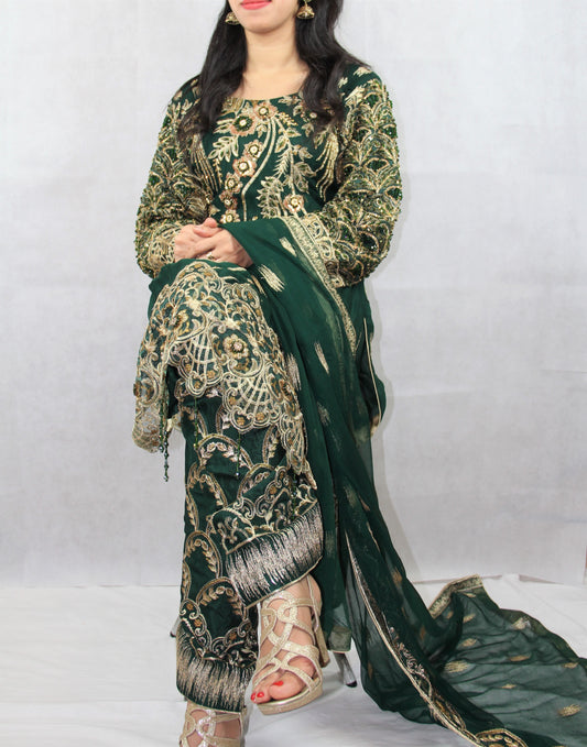 Saadia's Style Summer 2021 : Pure Chiffon Bottle Green Embroidered Dress