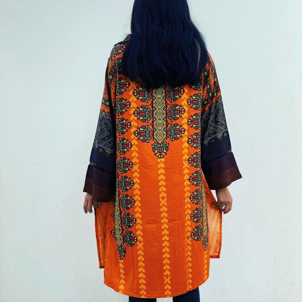 Saadia's Style : Printed Cotton Lawn Shirt (Black & Orange)