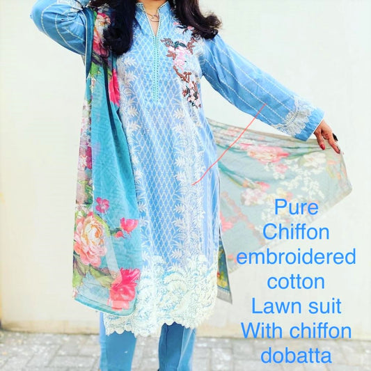 Saadia's Style : Chiffon Embroidered Cotton Lawn 3 pc Suit