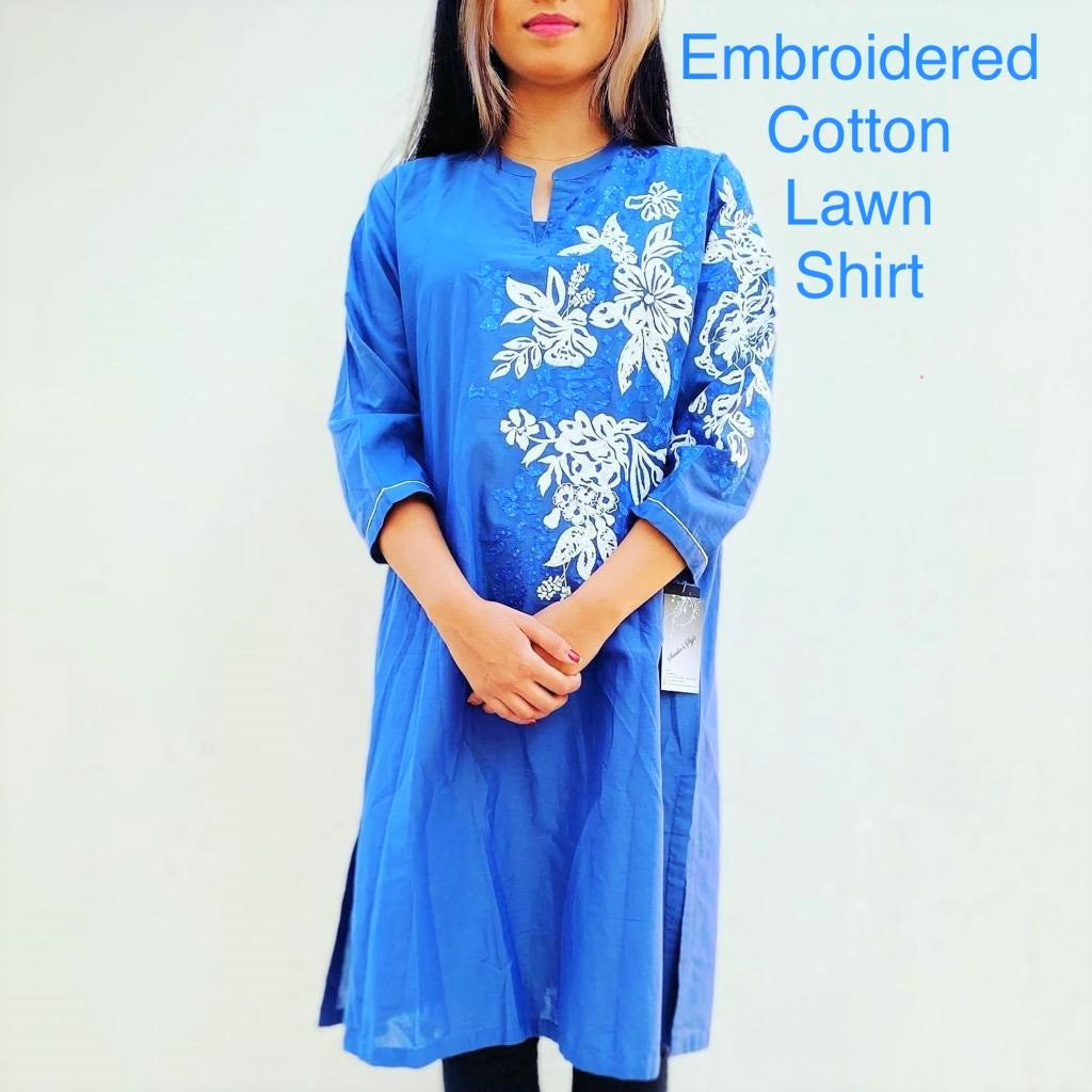 Saadia's Style : Embroidered Cotton Lawn Shirt (Blue)